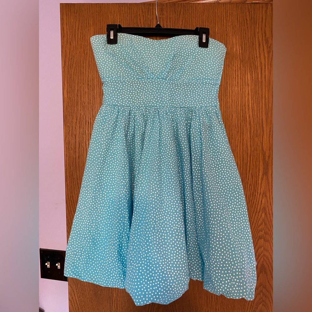 Freeway Blue and White polka dotted strapless dress